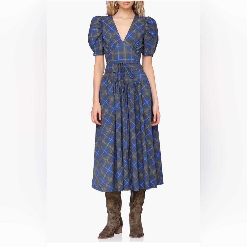 Avec Les Filles Blue and Gray Plaid Midi Skirt with Tie Waist
